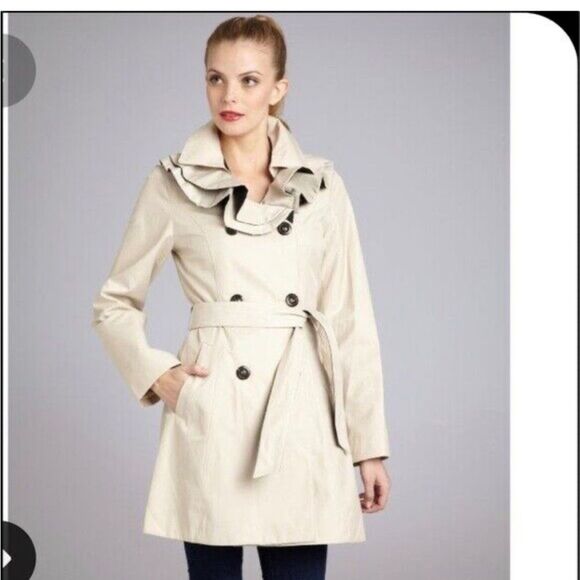 BETSEY JOHNSON women’s beige ruffle collar double breasted trench coat no belt S - Picture 6 of 16